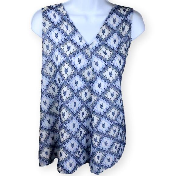 Calvin Klein White Blue Sleeveless V-neck Blouse L - Picture 1 of 5